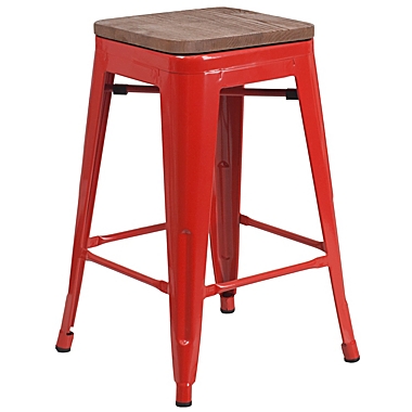 Flash Furniture 24" High Backless Red Metal Counter Height Stool with Square Wood Seat. View a larger version of this product image.
