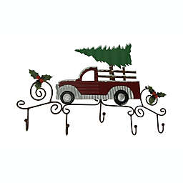 Zeckos Metal Art Scroll Rustic Red Truck with Tree and Holly Wall Hook Rack