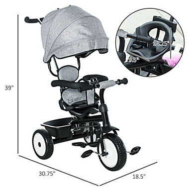 Qaba Baby Tricycle 6 In 1 Stroller with Adjustable Canopy Detachable Guardrail Belt for Age 6-60 Months, Grey. View a larger version of this product image.