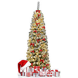 Costway 6-Foot Pre-lit Snow Flocked Artificial Pencil Christmas Tree w/250 LED Lights Decor