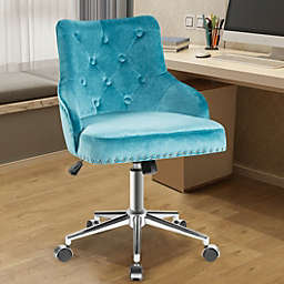 Costway Tufted Upholstered Swivel Computer Desk Chair with Nailed Tri-Turquoise