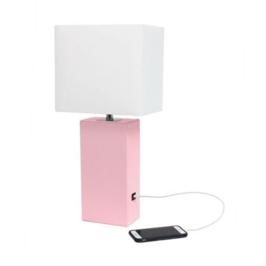 Lalia Home Lexington 21" Leather Base Modern Home Decor Bedside Table Lamp With Usb Charging Port For Living Room, Bedroom, Entryway, Foyer, Or Office With White Rectangular Fabric Shade, Pink. View a larger version of this product image.