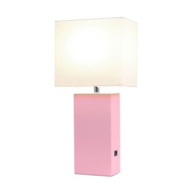 Lalia Home Lexington 21" Leather Base Modern Home Decor Bedside Table Lamp With Usb Charging Port For Living Room, Bedroom, Entryway, Foyer, Or Office With White Rectangular Fabric Shade, Pink. View a larger version of this product image.