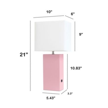 Lalia Home Lexington 21" Leather Base Modern Home Decor Bedside Table Lamp With Usb Charging Port For Living Room, Bedroom, Entryway, Foyer, Or Office With White Rectangular Fabric Shade, Pink. View a larger version of this product image.