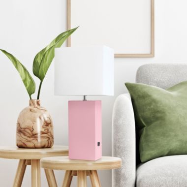 Lalia Home Lexington 21" Leather Base Modern Home Decor Bedside Table Lamp With Usb Charging Port For Living Room, Bedroom, Entryway, Foyer, Or Office With White Rectangular Fabric Shade, Pink. View a larger version of this product image.