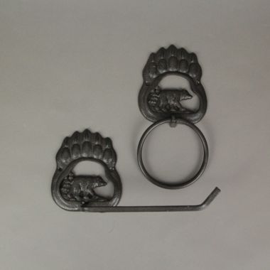 Things2Die4 Rustic Cast Iron Black Bear Paw Towel Ring and Holder Set. View a larger version of this product image.