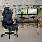 Emma + Oliver Black/Blue Gaming Desk Set - Cup/Headset Holder/Reclining & Footrest