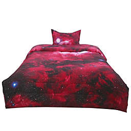 PiccoCasa All-Season Quilted Comforter Set Reversible Galaxies Red With 1 Pillow Case, Twin