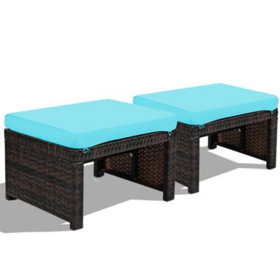 Gymax Set of 2 Rattan Ottoman Footrest Footstool Patio Furniture w/ Cushion