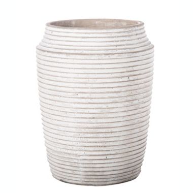 Urban Trends Collection Cement Round Pot with Embossed Stripe Pattern Design Body and Tapered Bottom LG Washed Concrete Finish White. View a larger version of this product image.