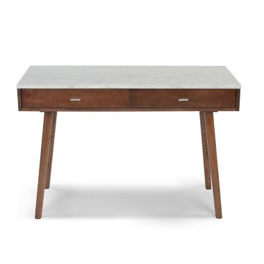 The Bianco Collection Viola 44" Rectangular Italian Carrara White Marble Writing Desk with Walnut Legs. View a larger version of this product image.