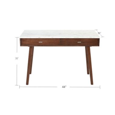 The Bianco Collection Viola 44" Rectangular Italian Carrara White Marble Writing Desk with Walnut Legs. View a larger version of this product image.