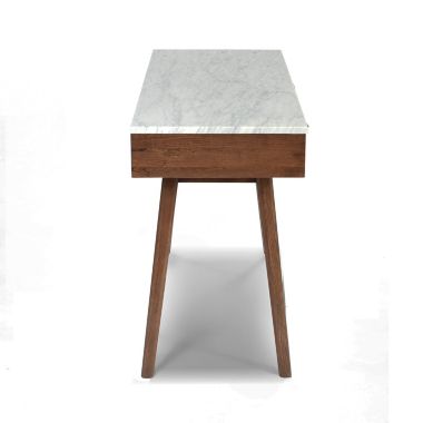 The Bianco Collection Viola 44" Rectangular Italian Carrara White Marble Writing Desk with Walnut Legs. View a larger version of this product image.