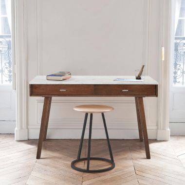 The Bianco Collection Viola 44" Rectangular Italian Carrara White Marble Writing Desk with Walnut Legs. View a larger version of this product image.