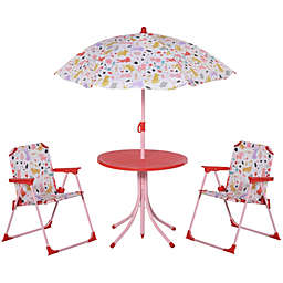 Outsunny Kids Folding Picnic Table and Chair Set Rabbit Pattern Outdoor Garden Patio Backyard with Removable & Height Adjustable Sun Umbrella, Red