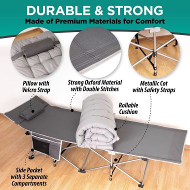 Zone Tech Folding Outdoor Camping Travel Cot and Cot Pad - Classic Grey Quality Lightweight Portable Heavy Duty Adult & Kids Travel Cot w/Large Pocket and Cushion Perfect for Hiking, Camping (1-Pack). View a larger version of this product image.