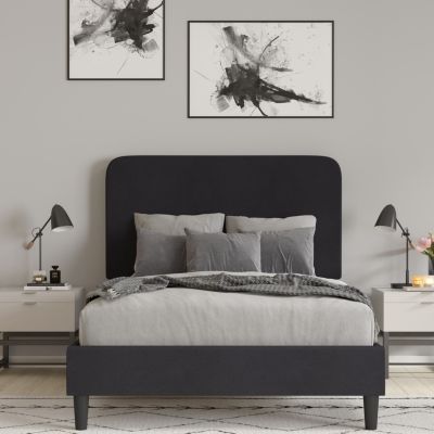Merrick Lane Remi Queen Platform Bed with Headboard - Black Fabric Upholstered Frame - 14 Wooden Slats - No Box Spring Required