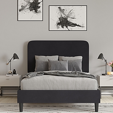 Merrick Lane Remi Queen Platform Bed with Headboard - Black Fabric Upholstered Frame - 14 Wooden Slats - No Box Spring Required. View a larger version of this product image.