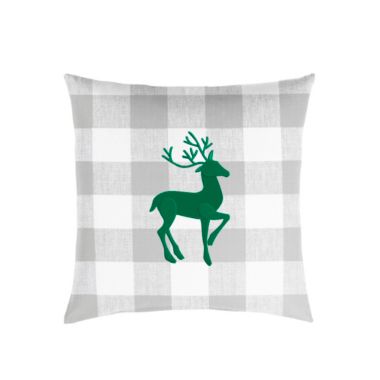 Outdoor Living and Style 18" Gray Plaid and Green Single Embroidered Decorative "Deer" Square Lumbar Pillow. View a larger version of this product image.
