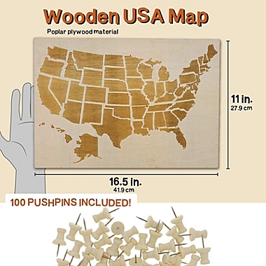 Wooden Cork Board Travel Map with 100 Decorative Push Pins 16.5 x 11.5 In 
