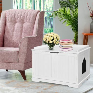 Hooya Cat Litter Box Enclosure with Double Doors for Large Cat and Kitty (White). View a larger version of this product image.