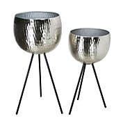 Kingston Living Set of 2 Silver and Black Hammered Bowl Planters 26"