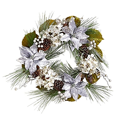 Nearly Natural 24"D Silver Poinsettia, Hydrangea and Pinecones Artificial Christmas Wreath. View a larger version of this product image.