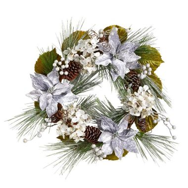 Nearly Natural 24"D Silver Poinsettia, Hydrangea and Pinecones Artificial Christmas Wreath. View a larger version of this product image.