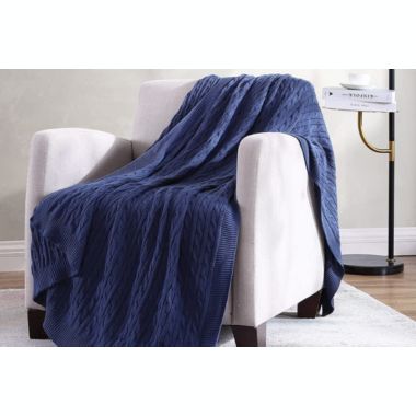 The Nesting Company - Oak 100% Cotton Cable Knit Ultra Comfortable Throw Blanket 50" x 70" - Navy. View a larger version of this product image.