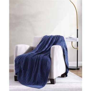 The Nesting Company - Oak 100% Cotton Cable Knit Ultra Comfortable Throw Blanket 50" x 70" - Navy. View a larger version of this product image.