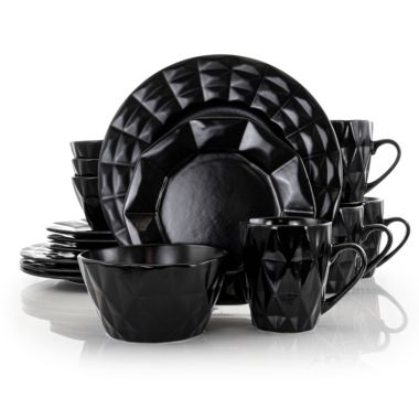 Elama Retro Chic 16-Piece Glazed Dinnerware Set in Black. View a larger version of this product image.