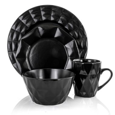 Elama Retro Chic 16-Piece Glazed Dinnerware Set in Black. View a larger version of this product image.