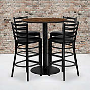 Emma + Oliver 36" Round Walnut Laminate Table Set, 4 Ladder Back Metal Barstools