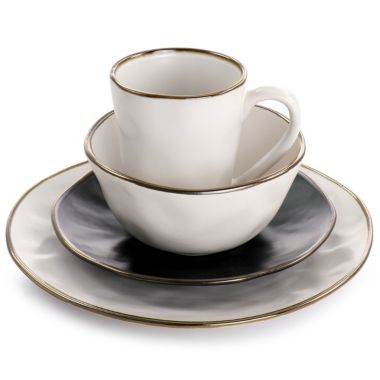 Elama Roman 16 Piece Stoneware Dinnerware Set in Assorted Matte with Gold Rim. View a larger version of this product image.