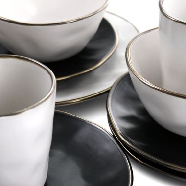 Elama Roman 16 Piece Stoneware Dinnerware Set in Assorted Matte with Gold Rim. View a larger version of this product image.