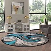 Emma and Oliver Avisa 8x8 Round Modern Abstract Olefin Accent Rug with Sculpted Wave Design in Turquoise, Gray and Black and Natural Jute Backing