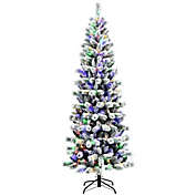 Costway 7.5 Feet Pre-Lit Hinged Christmas Tree Snow Flocked with 9 Modes Lights