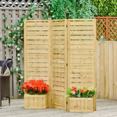 Outsunny Wood Privacy Screen with 4 Planter Box, Flower Pot Vegetable Raised Bed 3 Panels and Drainage Holes for Patio, Porch, Deck, Balcony, Garden, and Hot Tub | Bed Bath & Beyond