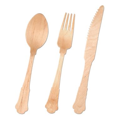 Smarty Had A Party Silhouette Birch Wood Eco Friendly Disposable Wooden Cutlery Set (600 Spoons, 600 Forks and 600 Knives). View a larger version of this product image.