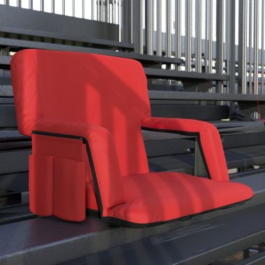 Emma and Oliver Extra Wide Portable Stadium Chair with Red Reclining Padded Back & Seat, Lightweight Metal Frame with Armrests & Backpack Straps. View a larger version of this product image.
