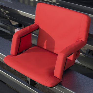 Emma and Oliver Extra Wide Portable Stadium Chair with Red Reclining Padded Back & Seat, Lightweight Metal Frame with Armrests & Backpack Straps. View a larger version of this product image.