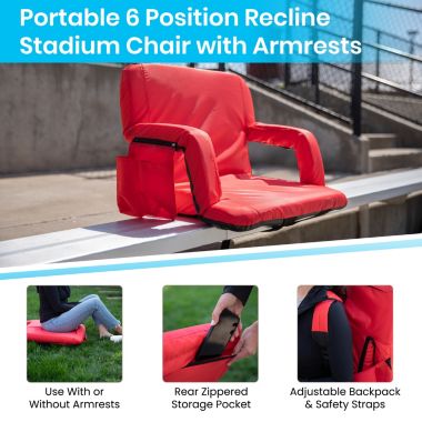 Emma and Oliver Extra Wide Portable Stadium Chair with Red Reclining Padded Back & Seat, Lightweight Metal Frame with Armrests & Backpack Straps. View a larger version of this product image.