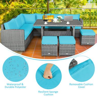 Slickblue 7 Pieces Patio Rattan Dining Furniture Sectional Sofa Set with Wicker Ottoman-Turquoise. View a larger version of this product image.