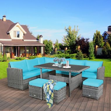 Slickblue 7 Pieces Patio Rattan Dining Furniture Sectional Sofa Set with Wicker Ottoman-Turquoise. View a larger version of this product image.