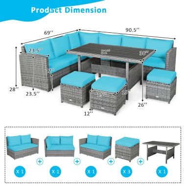 Slickblue 7 Pieces Patio Rattan Dining Furniture Sectional Sofa Set with Wicker Ottoman-Turquoise. View a larger version of this product image.