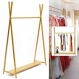 Stock Preferred Modern Garment Floor-Standing Clothing Dress Display Rack in Metal Gold