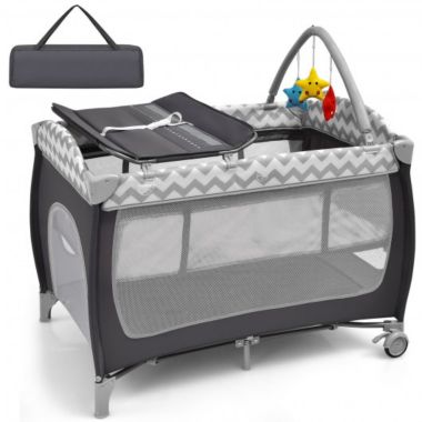 Costway 3 in 1 Portable Baby Playard with Zippered Door and Toy Bar-Gray. View a larger version of this product image.