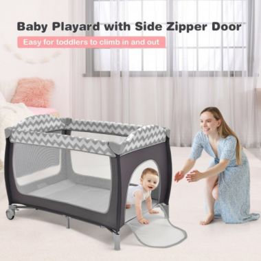 Costway 3 in 1 Portable Baby Playard with Zippered Door and Toy Bar-Gray. View a larger version of this product image.