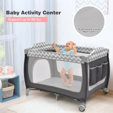 Costway 3 in 1 Portable Baby Playard with Zippered Door and Toy Bar-Gray. View a larger version of this product image.