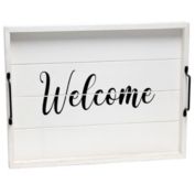 Elegant Designs "Welcome" Decorative Wood Serving Tray with Black Metal Handles, 15.5"L x 12"W - White Wash
